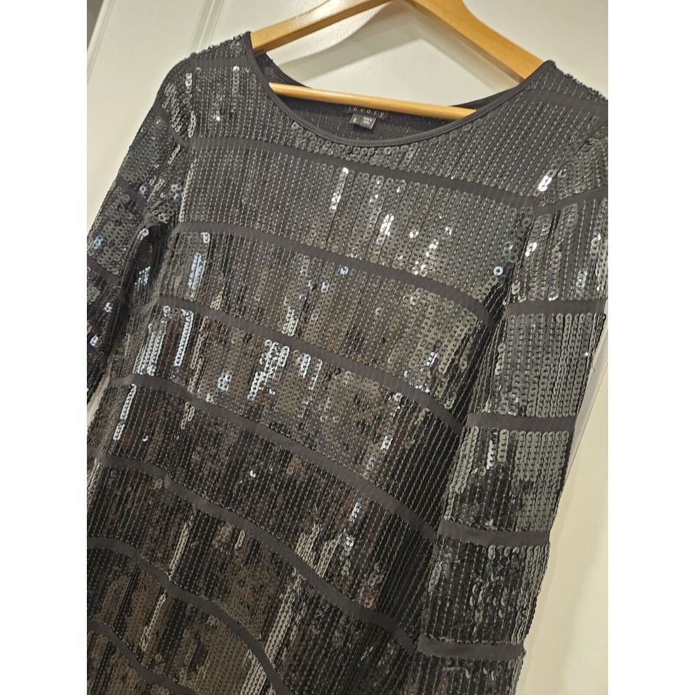 Theory Sequin 3/4 Sleeve‎ Mini Dress Black LBD Cocktail Party Size Small